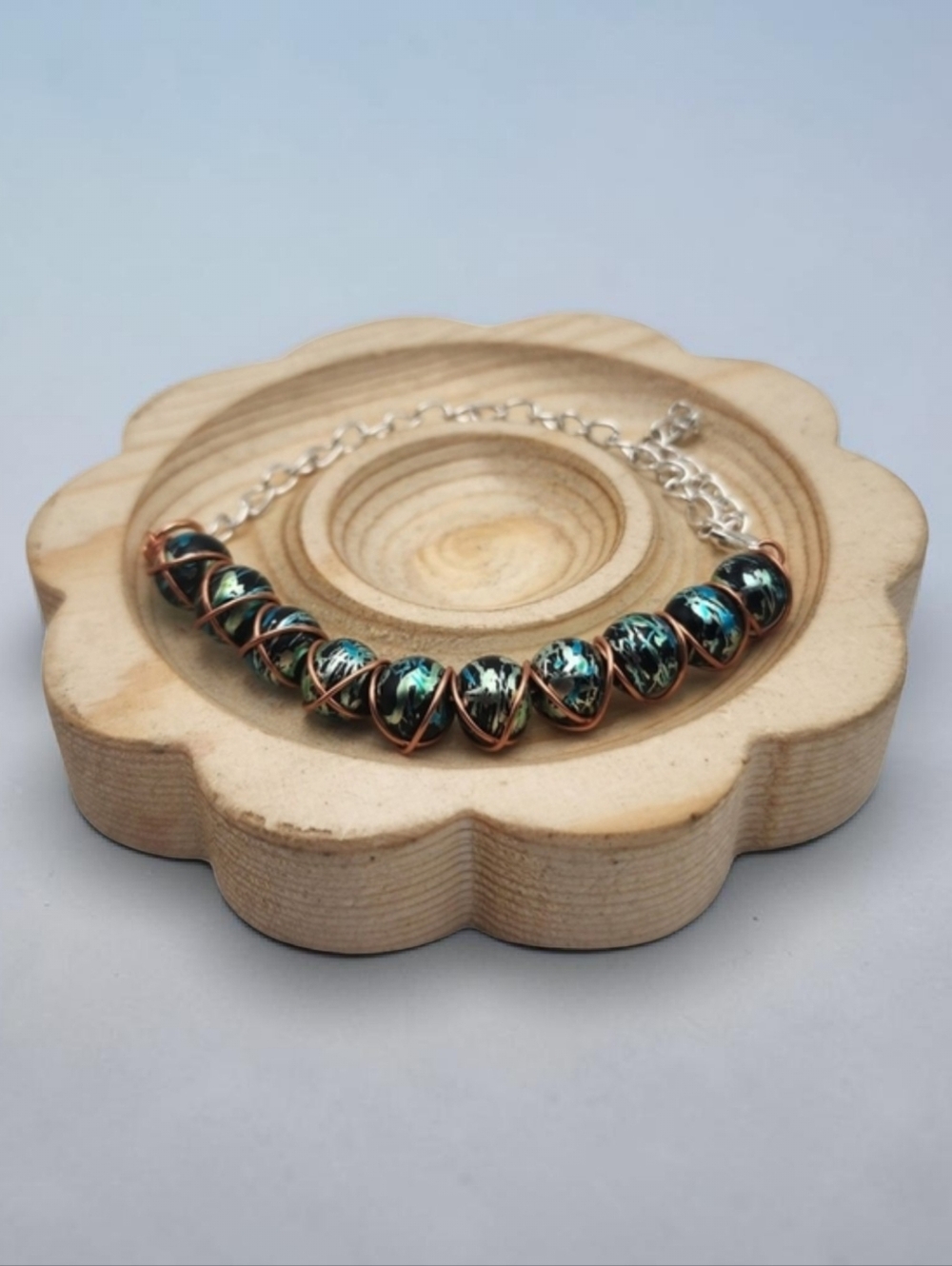 Handmade Wire Wrapped Black and Green Beaded Bracelet Adjustable Chain